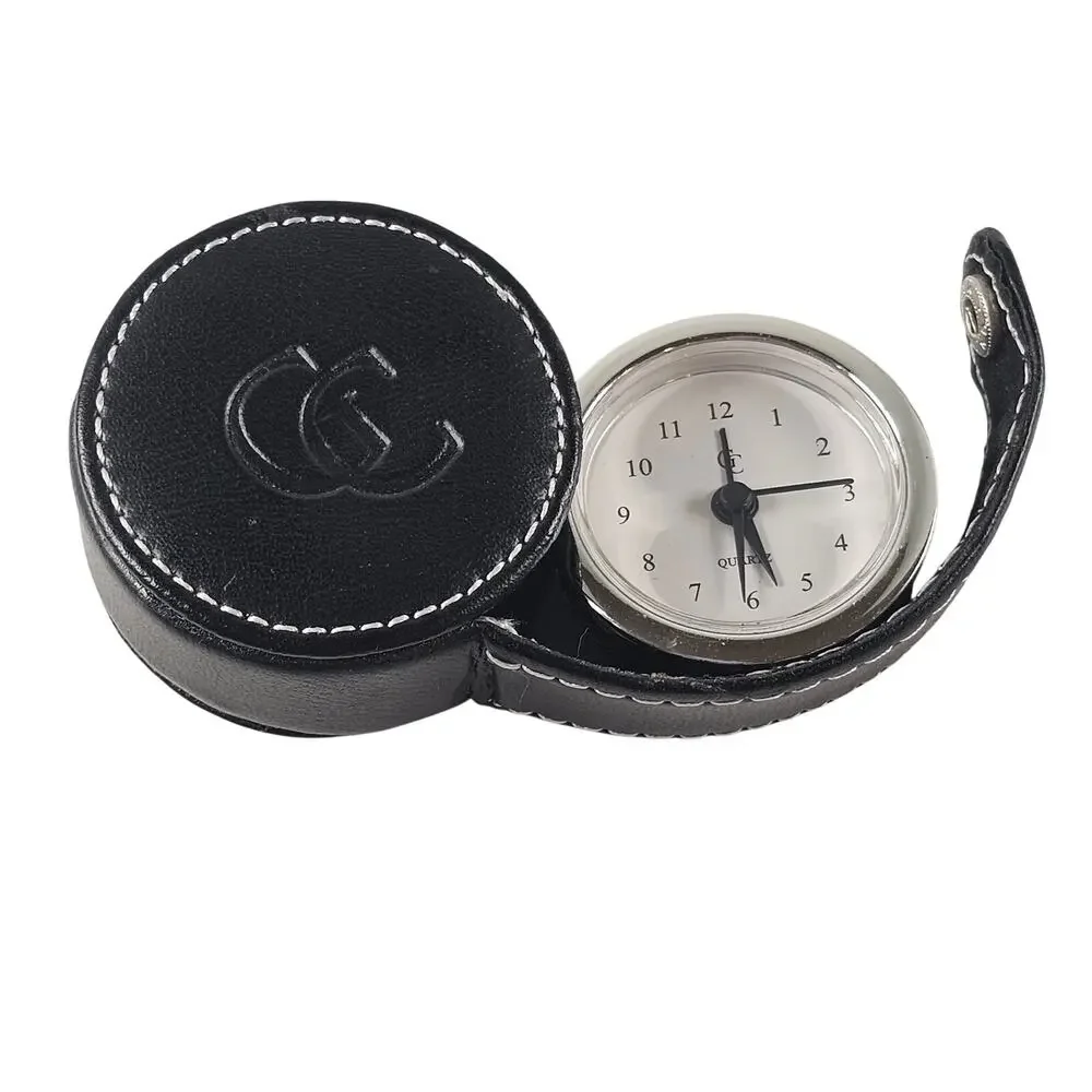 Guess Quartz Travel Alarm Clock Black Faux Leather Case Snap Closure Portable